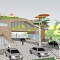 Modern Visitor Center With Contemporary Architecture Green Landscaping Pedestrian Area and Parking Spaces