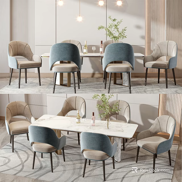 Modern Dining Table Set With Marble Top Light Blue And Beige Chairs And Decorative Vase 3d model 