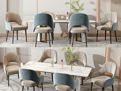 Modern Dining Table Set With Marble Top Light Blue And Beige Chairs And Decorative Vase 3d model