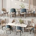 Modern Dining Table Set With Marble Top Light Blue And Beige Chairs And Decorative Vase