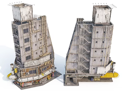 Aged Multi Story Urban City Buildings With Industrial Style External Stairs And Weathered Walls 3d model