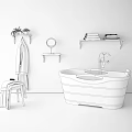 White Bathtub With Faucet In Modern Bathroom With Marble Floor Shelves Towels Plant And Mirror