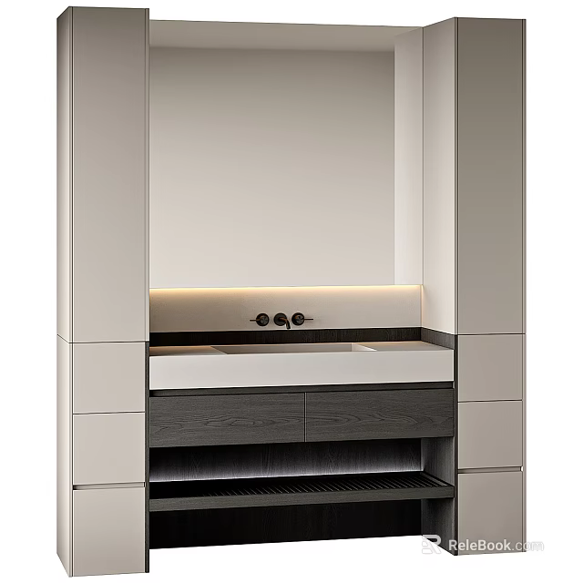 Sleek Modern Bathroom Vanity With Large Backlit Mirror Wooden Countertop And Cabinet 3d model 