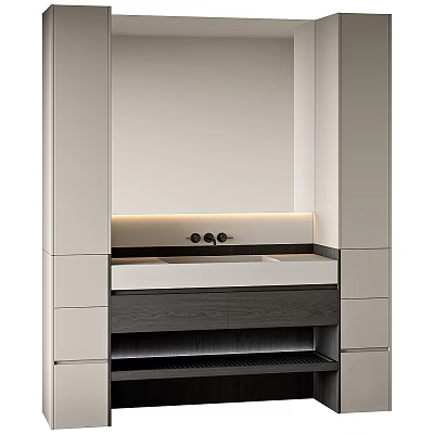 Sleek Modern Bathroom Vanity With Large Backlit Mirror Wooden Countertop And Cabinet 3d model