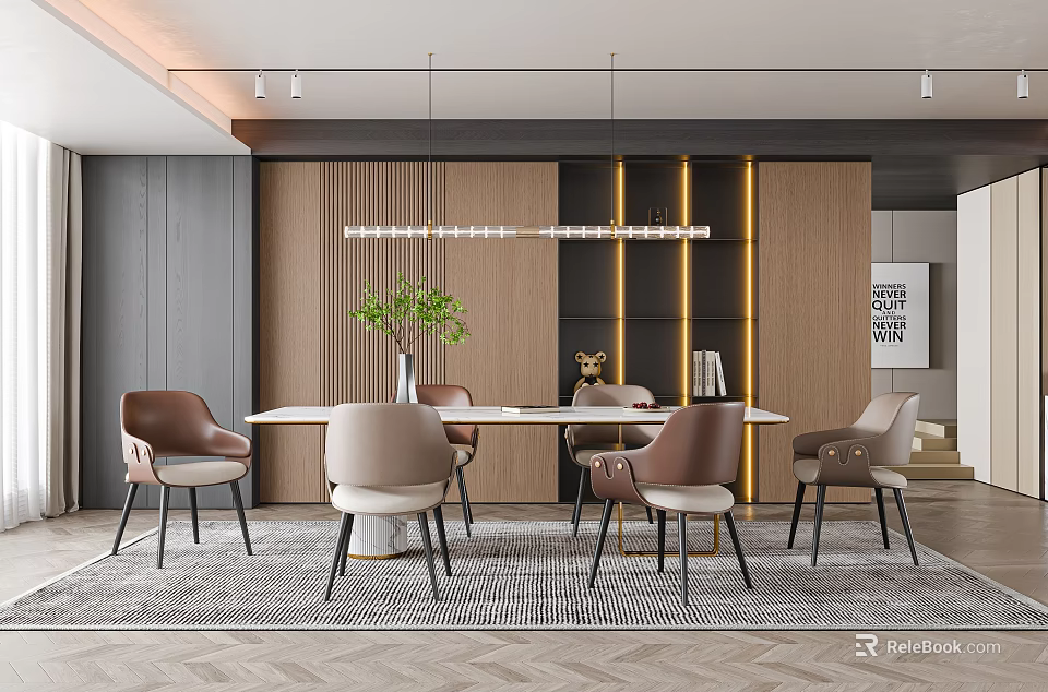 Modern Restaurant Interior With Wooden Dining Table Brown Chairs Hanging Lights And Green Plant Decor 3d model 