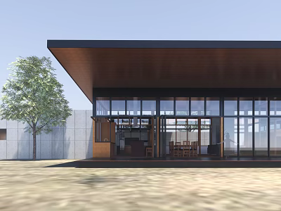 Modern Detached House With Large Glass Windows Wooden Eave And Side Tree 3d model