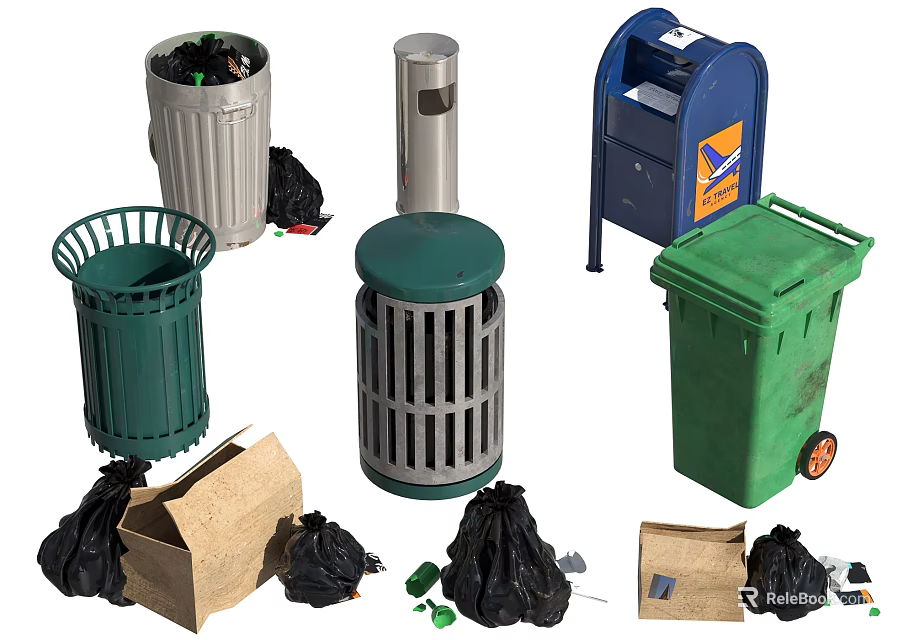 Public Facility Various Waste Bins With Garbage Bags And Cardboard Boxes 3d model 