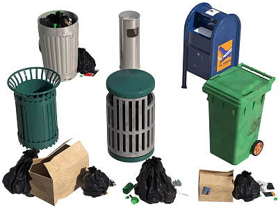 Public Facility Various Waste Bins With Garbage Bags And Cardboard Boxes 3d model