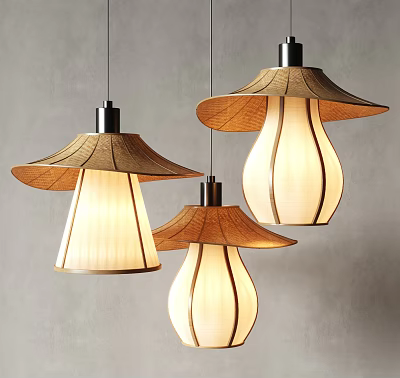 Three Natural Wooden Mushroom Shaped Modern Pendant Lights With Translucent Shades For Home Decor 3d model