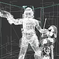 Armored Game Movie Character Holding Blue Lightsaber With Robot And Red Wall Background