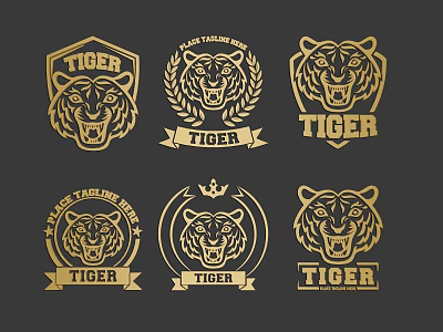 Golden Tiger Head Animal Wall Decor with Laurel Wreath Stars and Crown Designs 3d model