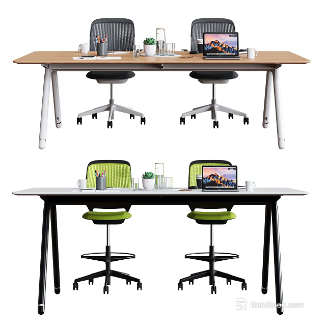 Modern Office Conference Table With Wooden White Top Black Legs And Green Wheeled Chairs 3d model 
