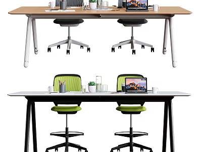 Modern Office Conference Table With Wooden White Top Black Legs And Green Wheeled Chairs 3d model