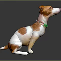 Brown and white sitting dog 3D model with green decorative collar on grey background