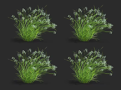 Multiple Green Grass Clusters With White Small Flowers And Slender Leaves 3d model