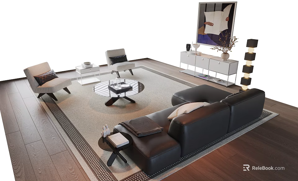 Modern Living Room Black Leather Sofa And Round Coffee Table Set With Rug And Side Table 3d model 