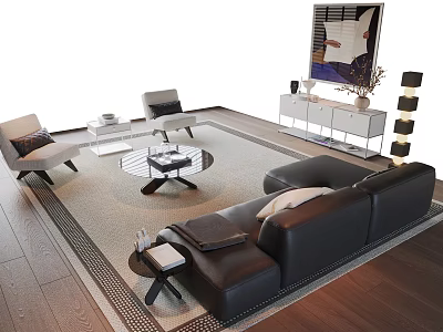 Modern Living Room Black Leather Sofa And Round Coffee Table Set With Rug And Side Table 3d model