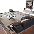 Modern Living Room Black Leather Sofa And Round Coffee Table Set With Rug And Side Table