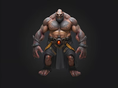 Mythical Muscular Warrior Character With Bald Head Glowing Core And Tattoos 3d model