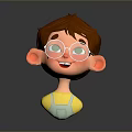 Cartoon Man with Brown Hair Wearing Large Round White Glasses Yellow Shirt Gray Overalls Smiling