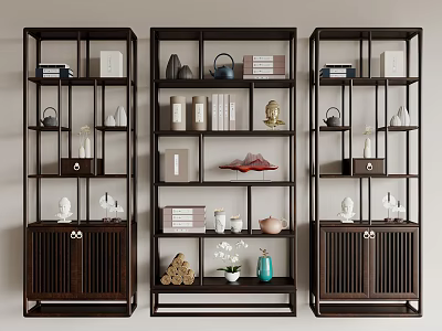 Dark Wood Chinese Etagere Display With Books Teapots Sculptures And Vases 3d model