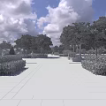 Scenic Garden Landscape With Stone Paved Path Lush Hedges Tall Trees And Blue Sky Clouds