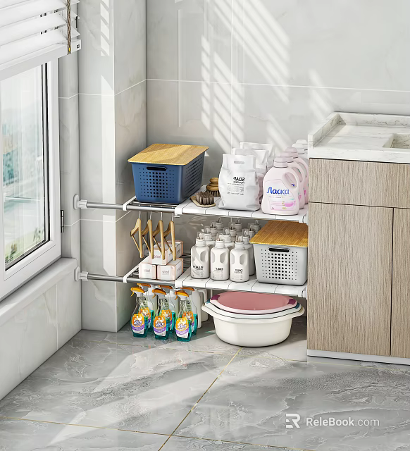 Multi tier Metal Storage Shelf with Cleaning Supplies and Organizer Baskets in Kitchen Corner 3d model 