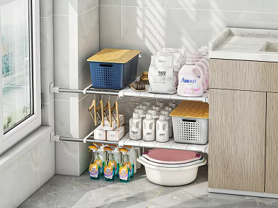 Multi tier Metal Storage Shelf with Cleaning Supplies and Organizer Baskets in Kitchen Corner 3d model