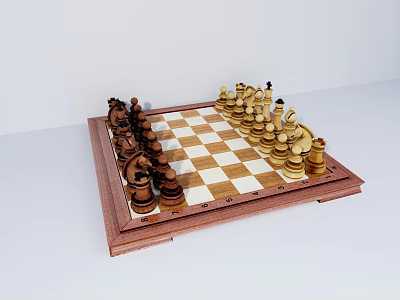 Wooden Chessboard With Black And White Squares And Classic Chess Pieces For Board Game Entertainment 3d model