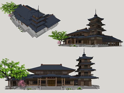 Traditional Ancient Chinese Architecture With Multi Story Tower And Surrounding Trees 3d model