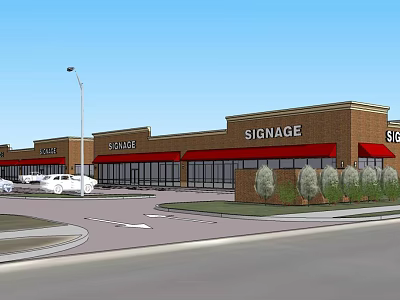 Commercial Shopping Street With Red Brick Storefronts Red Awnings And Parking Lot 3d model