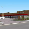 Commercial Shopping Street With Red Brick Storefronts Red Awnings And Parking Lot