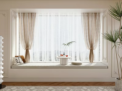 Bright Bay Window Seat With Beige Curtains Small Table Cushion And Green Plants 3d model