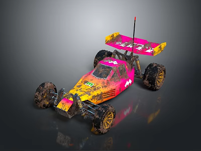Muddy Remote Control Off Road Car With Yellow Pink Body Large Wheels And Rear Wing 3d model