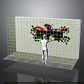 Human Figure With Blue Headgear Interacting With Colorful Biological Patterns On Wall Grid Framework