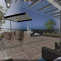 Cozy Garden Landscape With Wicker Sofas Round Coffee Table Mobile Kitchen Unit And Stone Wall