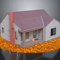 House Exterior With Red Chimney Purple Roof White Walls Porch Chair And Autumn Leaves