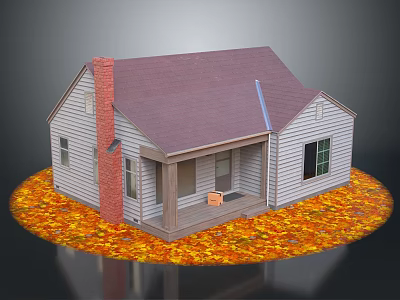 House Exterior With Red Chimney Purple Roof White Walls Porch Chair And Autumn Leaves 3d model