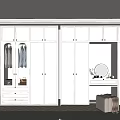 White Modern Wardrobe Interior With Glass Doors LED Lighting And Dressing Table Round Mirror