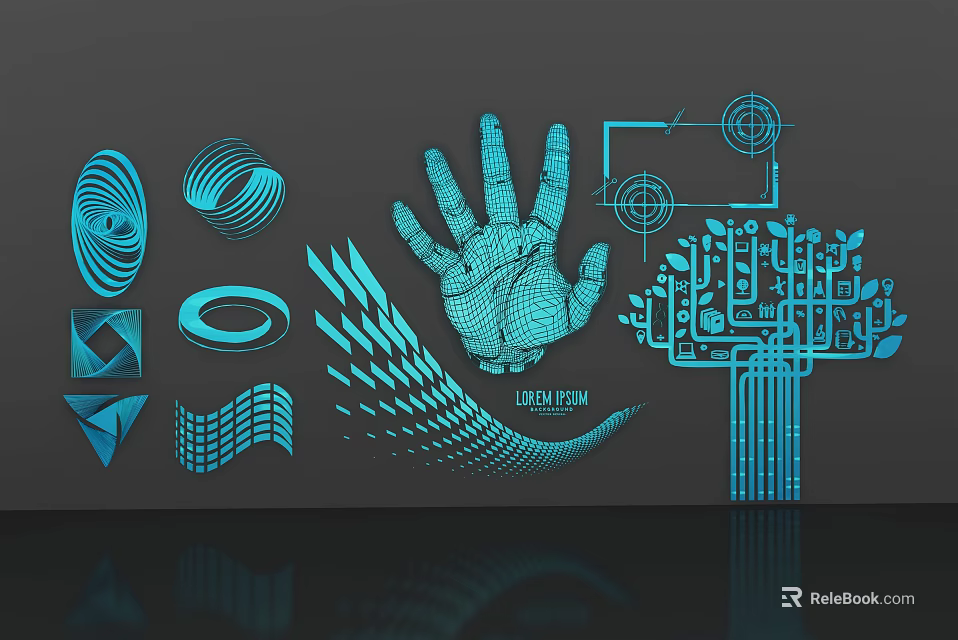 Modern Abstract Wall Decor With Blue Line Art Hand Tree And Geometric Patterns 3d model