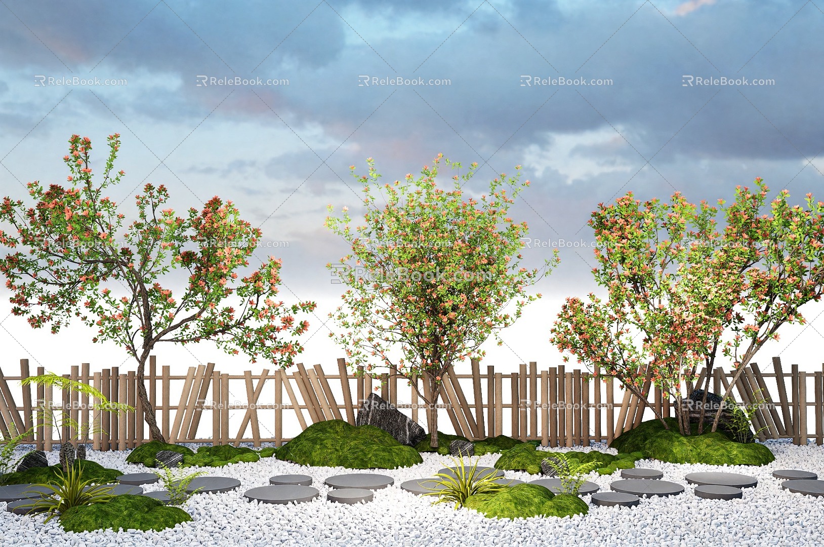 pomegranate tree crape myrtle tree triangle plum flowering plant fence terrain 3d model