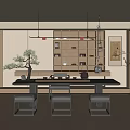 Zen Tea Room Interior Design Featuring Long Wooden Table Stools And Potted Pine Tree 3d model