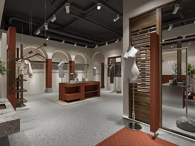 Modern Clothing Store Interior With Display Racks Mannequins And Wooden Decor 3d model