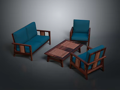 Modern Living Room Furniture Collection With Blue Sofa Wooden Armchairs And Coffee Table 3d model