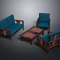 Modern Living Room Furniture Collection With Blue Sofa Wooden Armchairs And Coffee Table