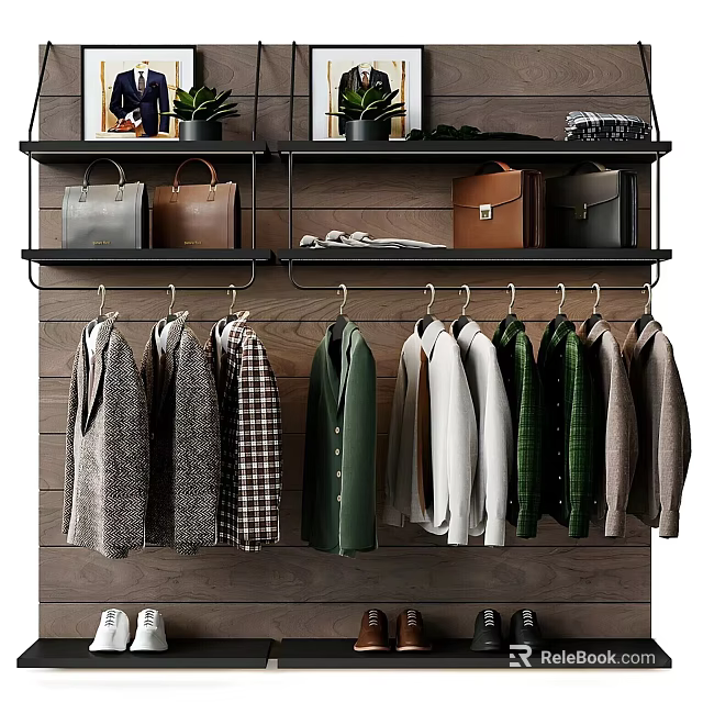 Modern Closet On Wooden Wall With Hanging Clothes Bags And Plants 3d model 
