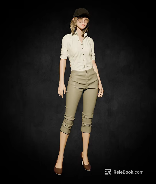 A Woman Wearing Beige Buttoned Shirt And Khaki Cropped Pants Standing Against Black Background 3d model 
