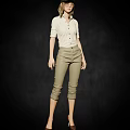 A Woman Wearing Beige Buttoned Shirt And Khaki Cropped Pants Standing Against Black Background