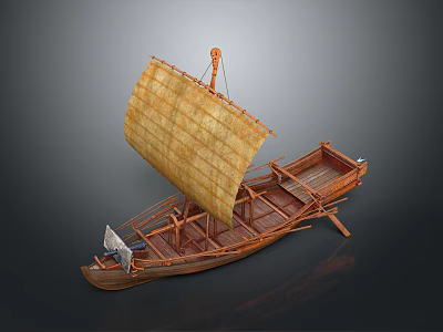 Traditional Wooden Sailing Boat Model With Bamboo Sail And Intricate Hull Structure 3d model