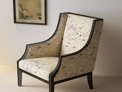 Elegant Traditional Accent Chair With Patterned Fabric Upholstery Dark Wood Frame And Decorative Wall Art 3d model